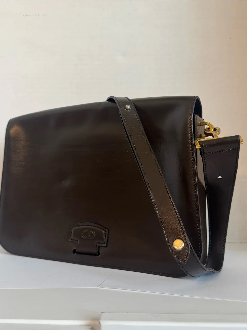 Authentic Christian Dior Large Shoulder Purse Bag Dark Brown Leather Structured